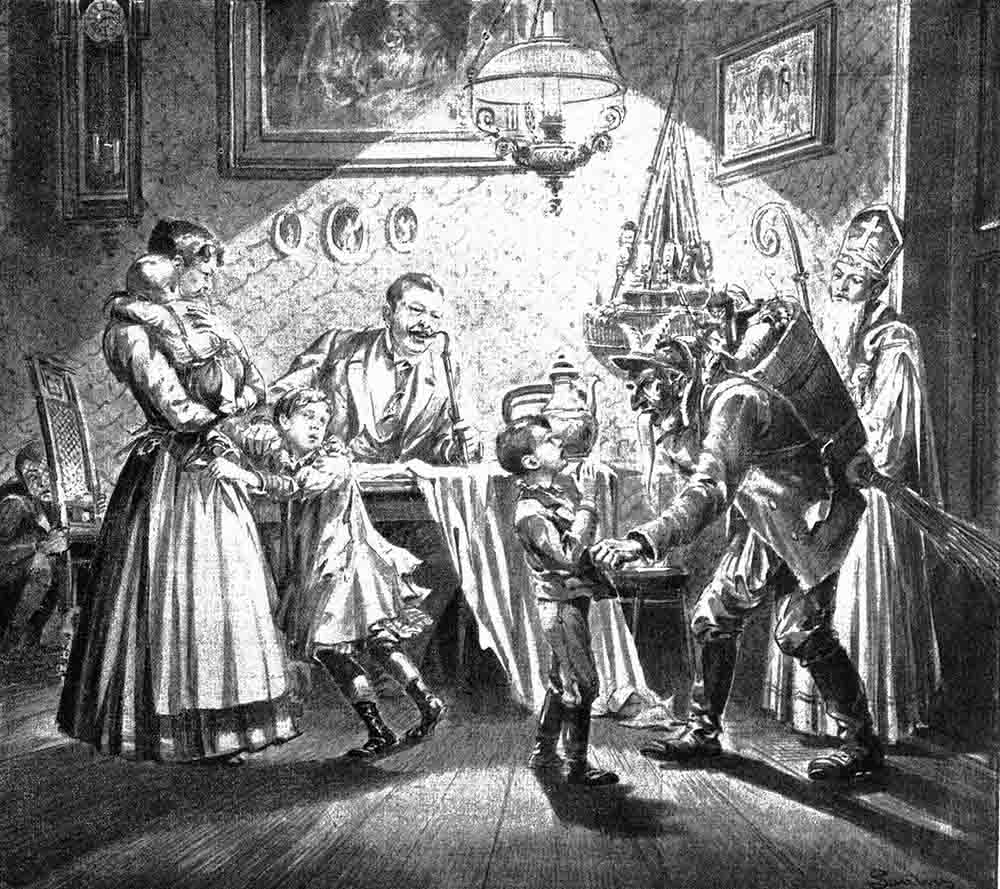 Ilustración que muestra a Krampus y a San Nicolás visitando una familia en Austria.